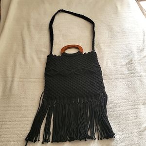 Danielle Nicole Crochet Wooden Handle Black Fringe Purse